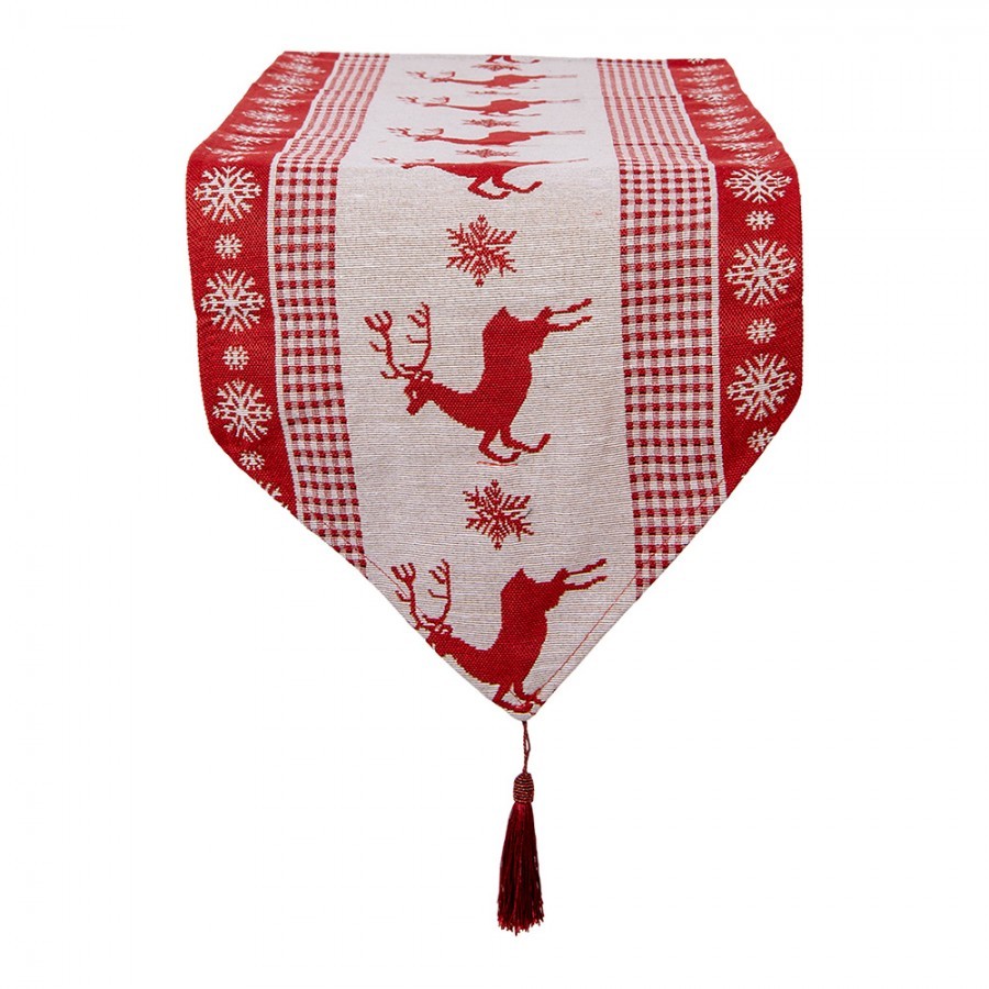 Béžovo-červený běhoun se střapcem a jeleny Christmas Rustic - 33*180 cm