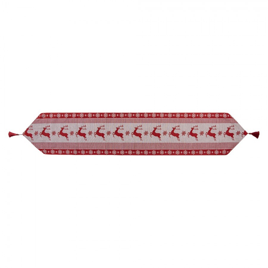 Béžovo-červený běhoun se střapcem a jeleny Christmas Rustic - 33*180 cm