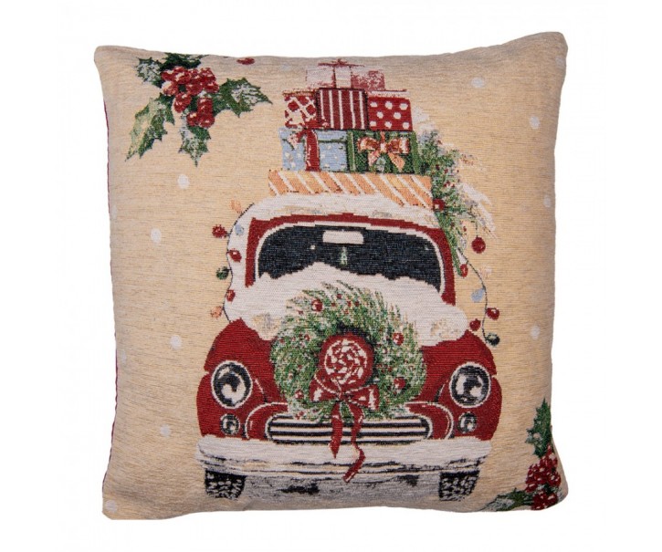 Béžovo-červený povlak na polštář s autíčkem Christmas Rustic - 44*44 cm Clayre & Eef