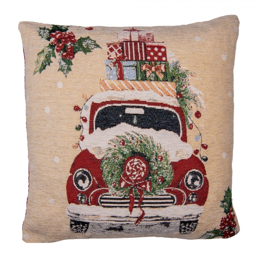 Béžovo-červený povlak na polštář s autíčkem Christmas Rustic - 44*44 cm