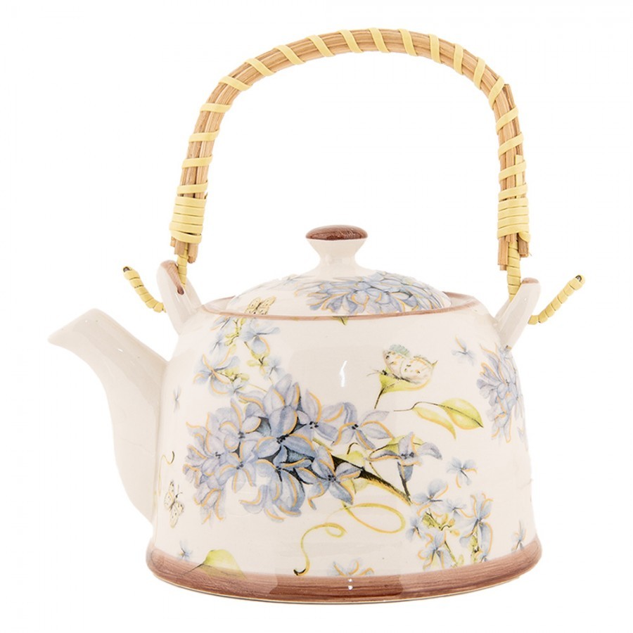 Krémová konvička s modrými květy a se sítkem - 18*14*12 cm / 800 ml