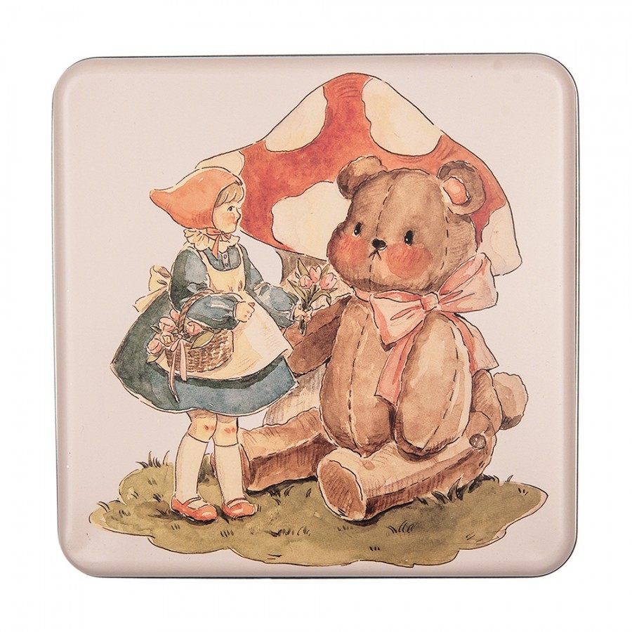 Béžová plechová krabička s medvídkem - 17*17*6 cm