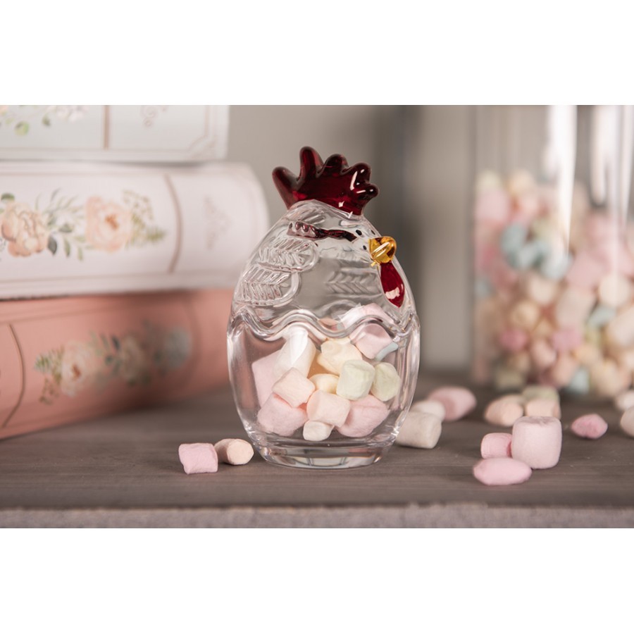 Transparentní skleněná dóza s víkem ve tvaru slepičky Chicken - ⌀ 6*9 cm
