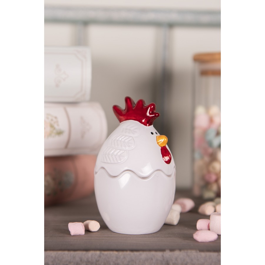 Bílá skleněná dóza s víkem ve tvaru slepičky Chicken