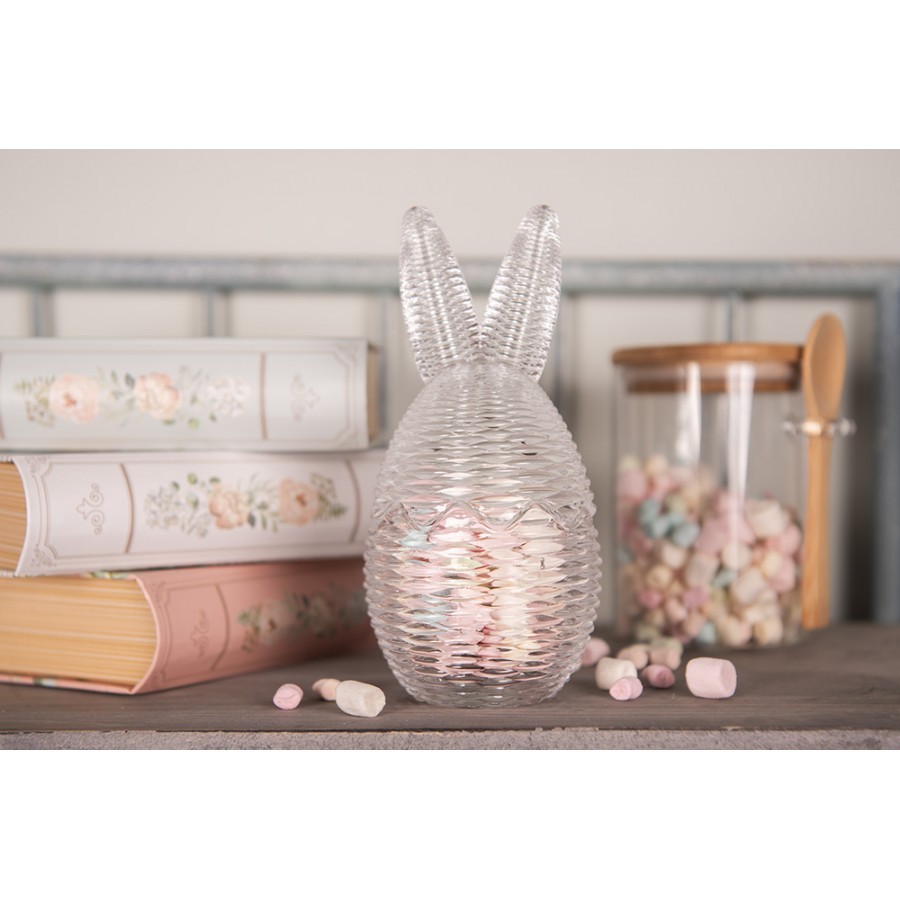Skleněná dóza s víkem vajíčko s oušky proutěný design - Ø 8*17 cm