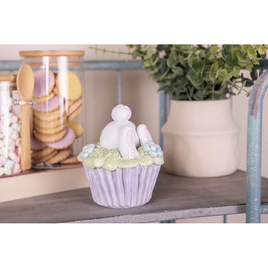 Dekorace fialový muffin s vystrčeným zadečkem králíčka - Ø 11*12 cm