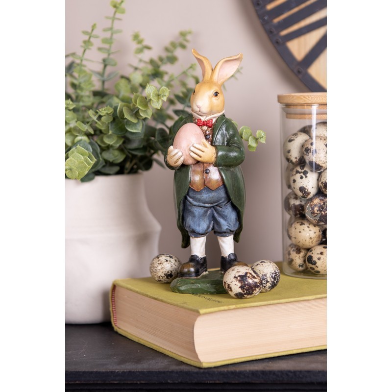 Dekorace králík v zeleném kabátku držící vajíčko - 8*7*20 cm