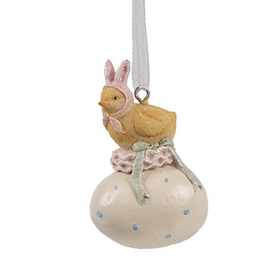 Béžová závěsná dekorace kuřátko králíček na vajíčku - 4*3*7 cm