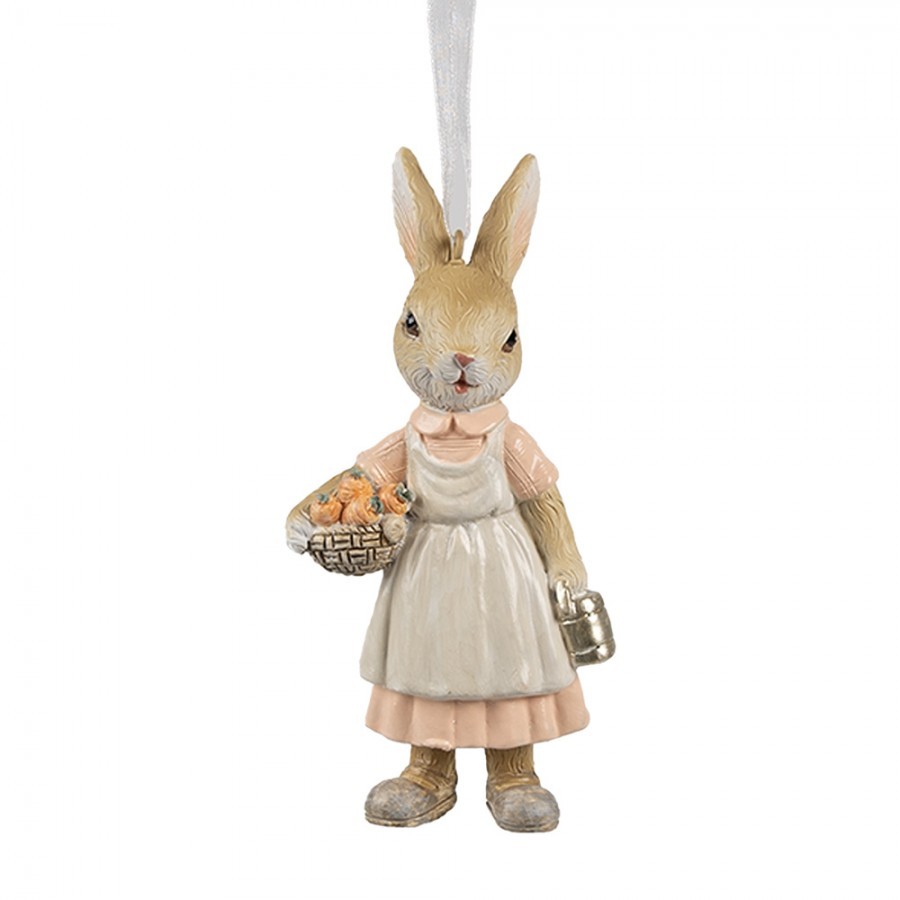 Béžová závěsná dekorace králíček s košíčkem mrkviček - 6*3*12 cm