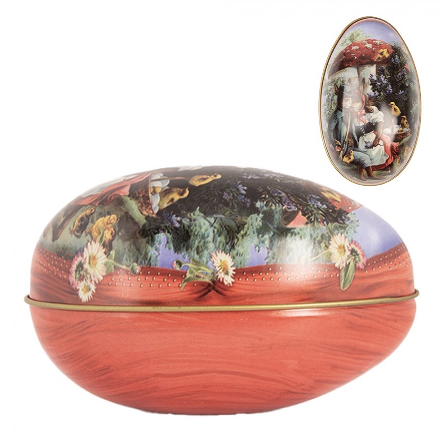Červená plechová dóza ve tvaru vajíčka s králíčky Easter Egg - 7*11*7 cm