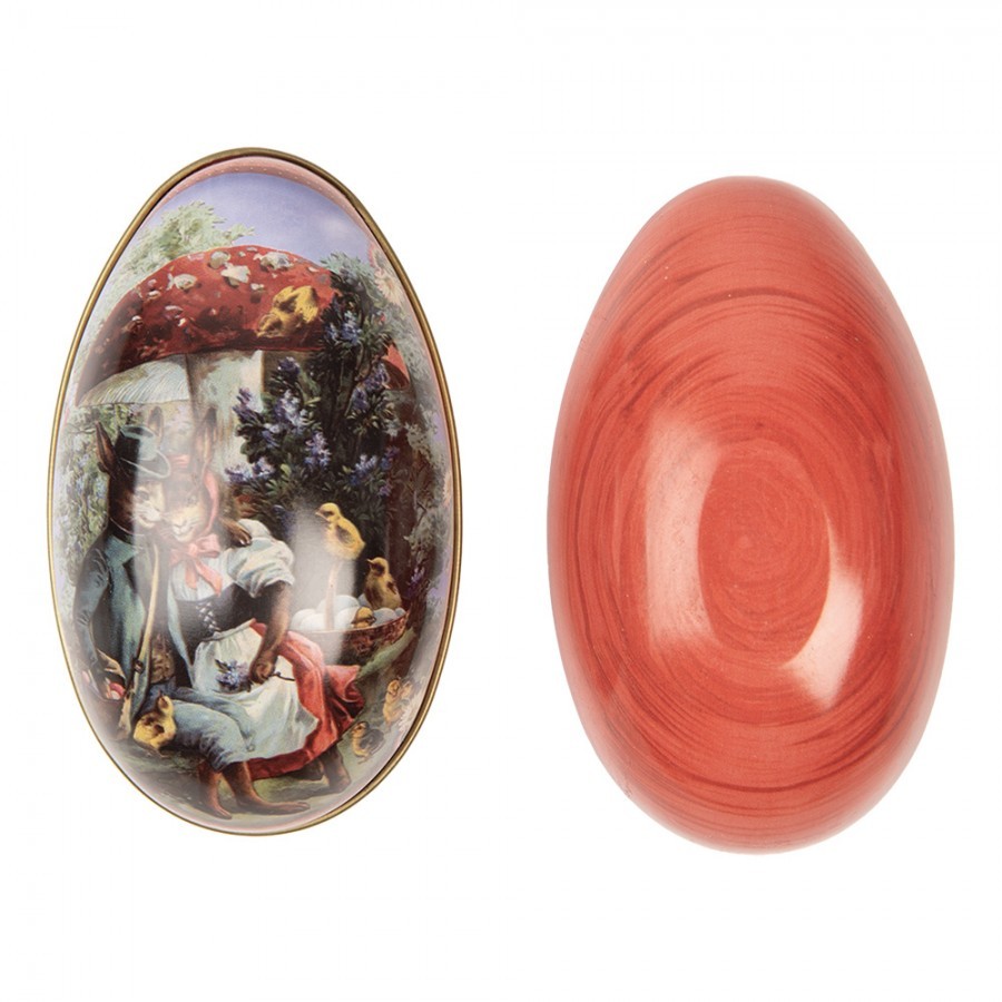 Červená plechová dóza ve tvaru vajíčka s králíčky Easter Egg - 7*11*7 cm