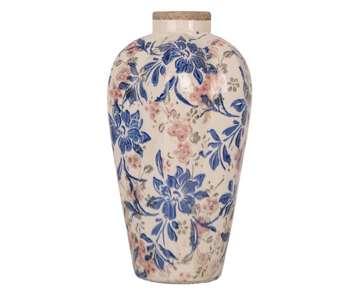 Béžová keramická dekorační váza s modrými květy Marsia S - Ø 17*30 cm Clayre & Eef