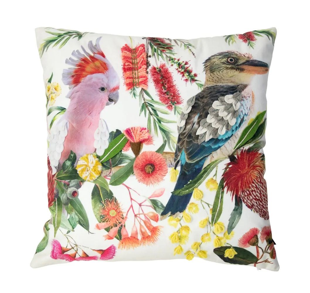 Bílý polštář s papouškem a květy Fleury Bird - 45*10*45cm