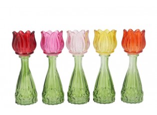 5ks barevný mix skleněný svícen/ váza tulipán Love Tulip - Ø 7*22 cm