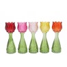 5ks barevný mix skleněný svícen/ váza tulipán Love Tulip - Ø 7*22 cm Barva: červená, růžová, žlutá, oranžová, transparentní, zelenáMateriál: sklo