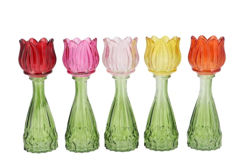 5ks barevný mix skleněný svícen/ váza tulipán Love Tulip - Ø 7*22 cm 314047