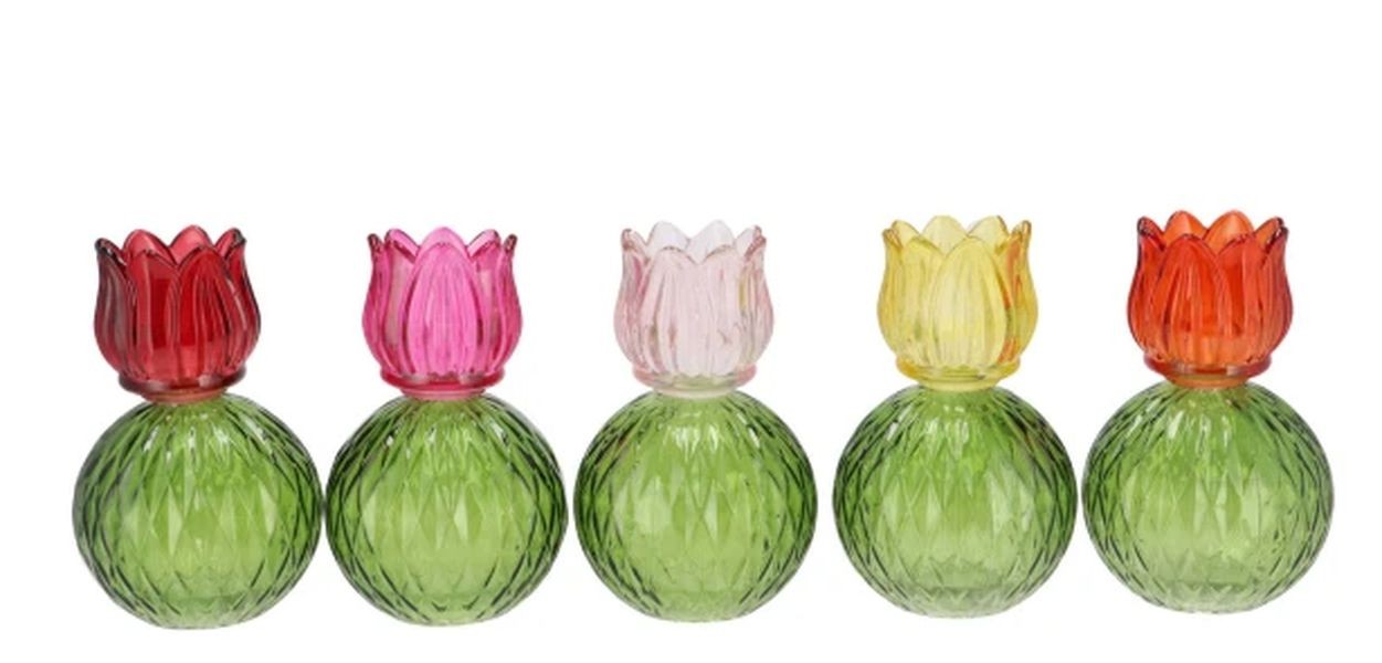 5ks barevný mix skleněný svícen/ váza tulipán Love Tulip - Ø 11*17 cm 314039