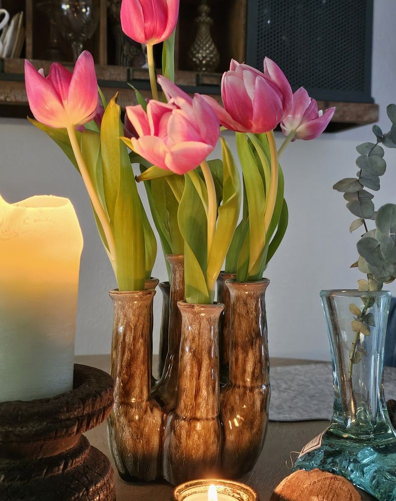 Zelená keramická váza s tubusy a aktivní glazurou Jahra Tulip - 15*13*18 cm