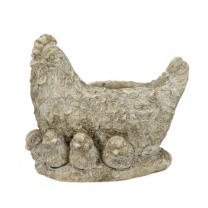 Šedý antik cementový květináč slepice s kuřátky - 21*16*19 cm