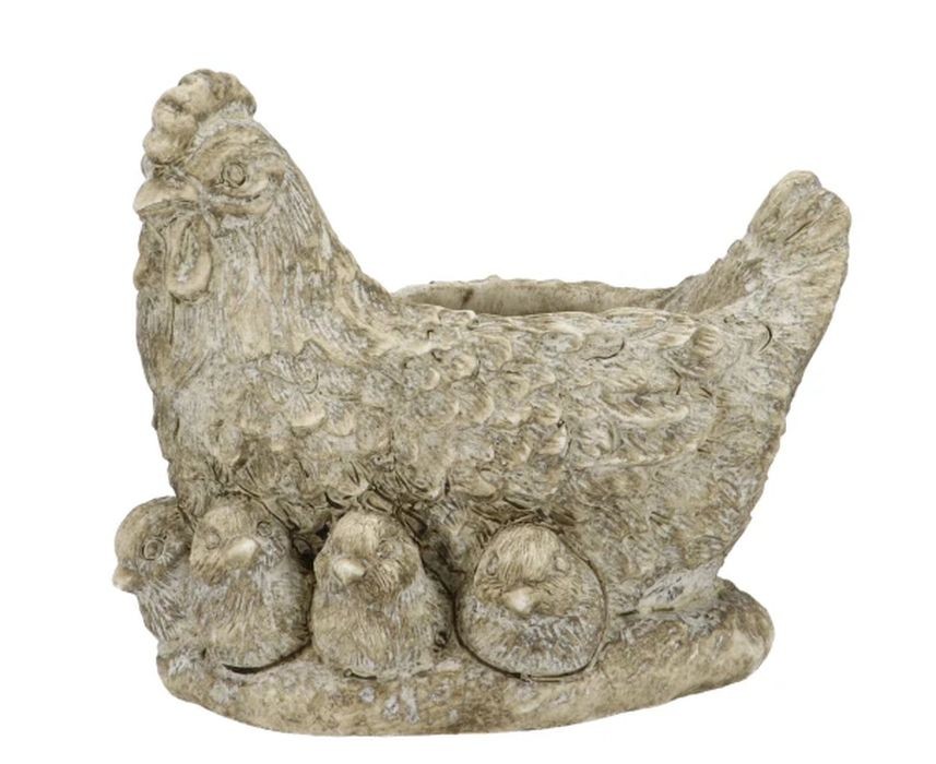 Šedý antik cementový květináč slepice s kuřátky - 21*16*19 cm