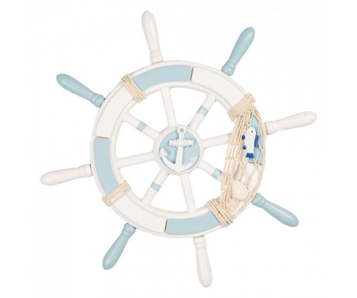 Modro-bílá dřevěná dekorace kormidlo Ship's Wheel Nautic - Ø 34*3 cm