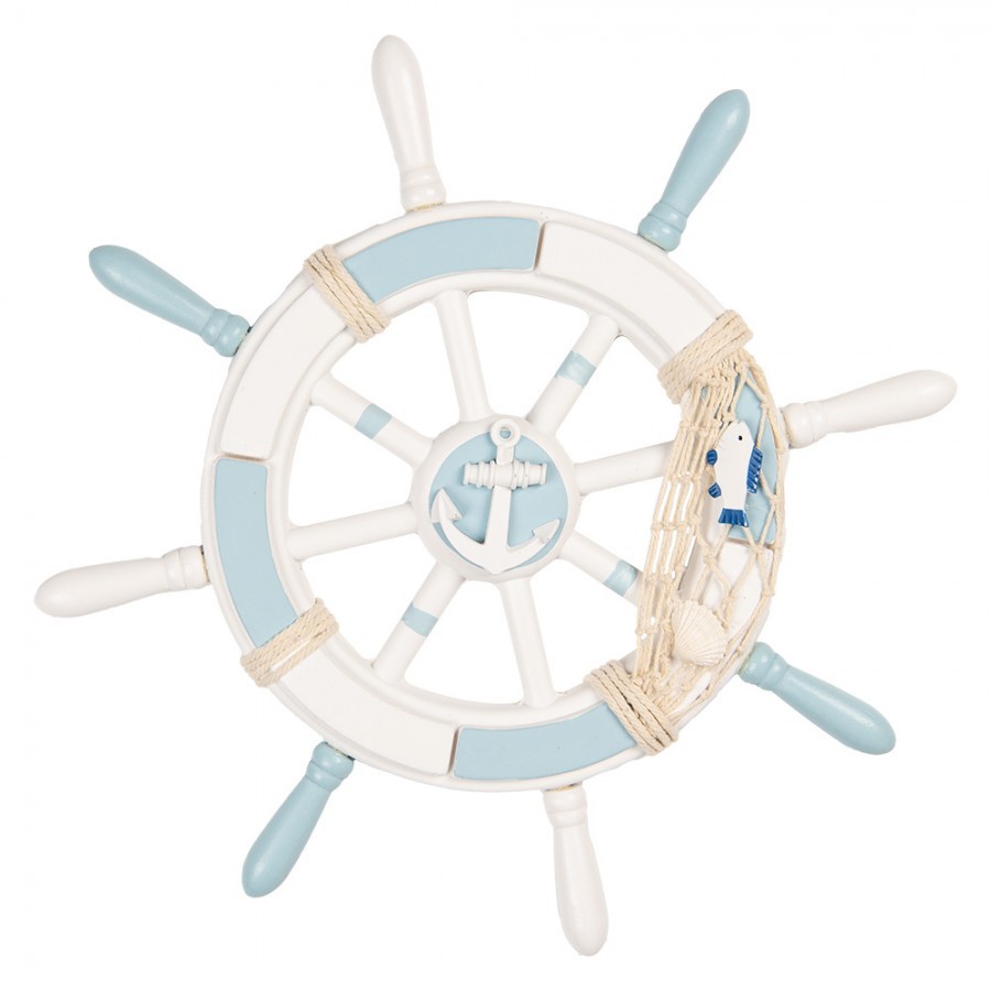 Modro-bílá dřevěná dekorace kormidlo Ship's Wheel Nautic - Ø 34*3 cm