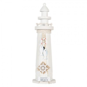 Bílá dřevěná dekorace maják Lighthouse Nautic - Ø 10*32 cm