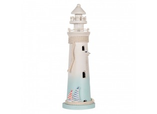 Bílo-modrá dřevěná dekorace maják Lighthouse Nautic - Ø 13*42 cm