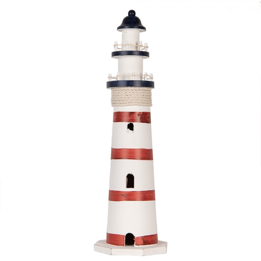 Bílo-červená dřevěná dekorace maják Lighthouse Nautic - Ø 15*48 cm