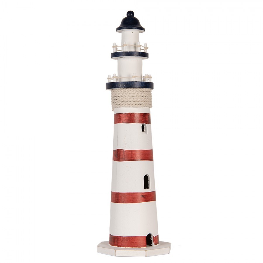 Bílo-červená dřevěná dekorace maják Lighthouse Nautic - Ø 15*48 cm