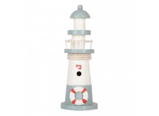 Bílo-modrá dřevěná dekorace maják Lighthouse Nautic - Ø 8*22 cm