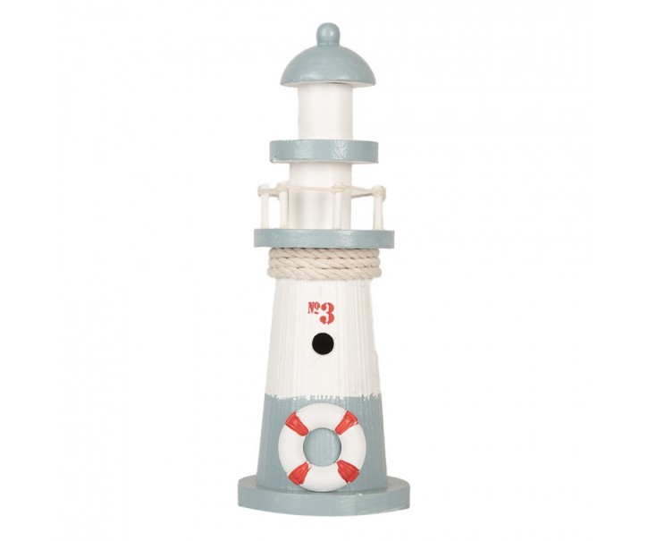 Bílo-modrá dřevěná dekorace maják Lighthouse Nautic - Ø 8*22 cm