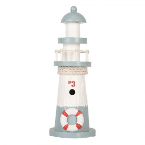 Bílo-modrá dřevěná dekorace maják Lighthouse Nautic - Ø 8*22 cm