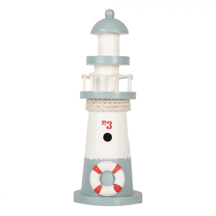 Bílo-modrá dřevěná dekorace maják Lighthouse Nautic - Ø 8*22 cm