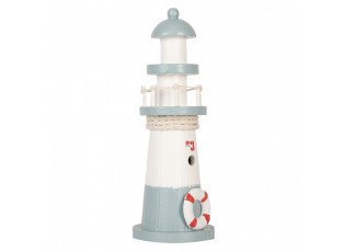 Bílo-modrá dřevěná dekorace maják Lighthouse Nautic - Ø 8*22 cm