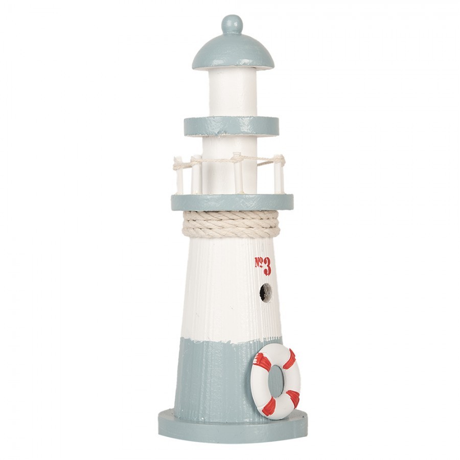 Bílo-modrá dřevěná dekorace maják Lighthouse Nautic - Ø 8*22 cm