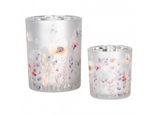 Tealight Holder Set Of 2 ? 7x8 / 10x13 Cm Grey Glass Flowers - ? 7*8 / 10*13 cm