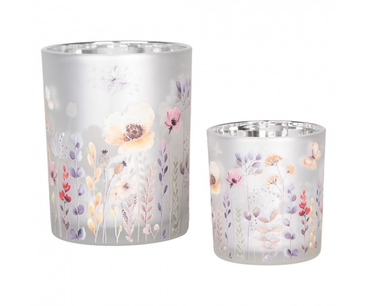 Tealight Holder Set Of 2 ? 7x8 / 10x13 Cm Grey Glass Flowers - ? 7*8 / 10*13 cm Clayre & Eef