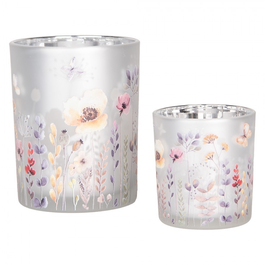 Tealight Holder Set Of 2 ? 7x8 / 10x13 Cm Grey Glass Flowers - ? 7*8 / 10*13 cm