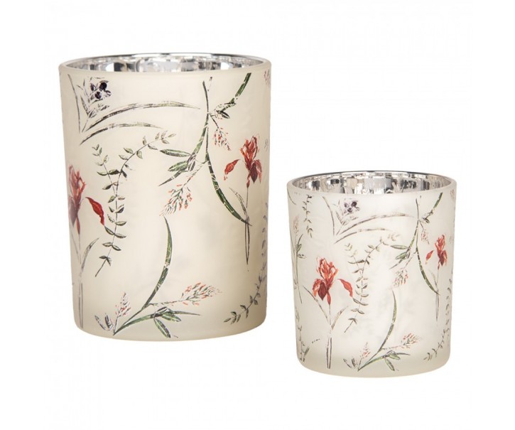 Tealight Holder Set Of 2 ? 7x8 / 10x13 Cm Beige Glass Flowers - ? 7*8 / 10*13 cm Clayre & Eef