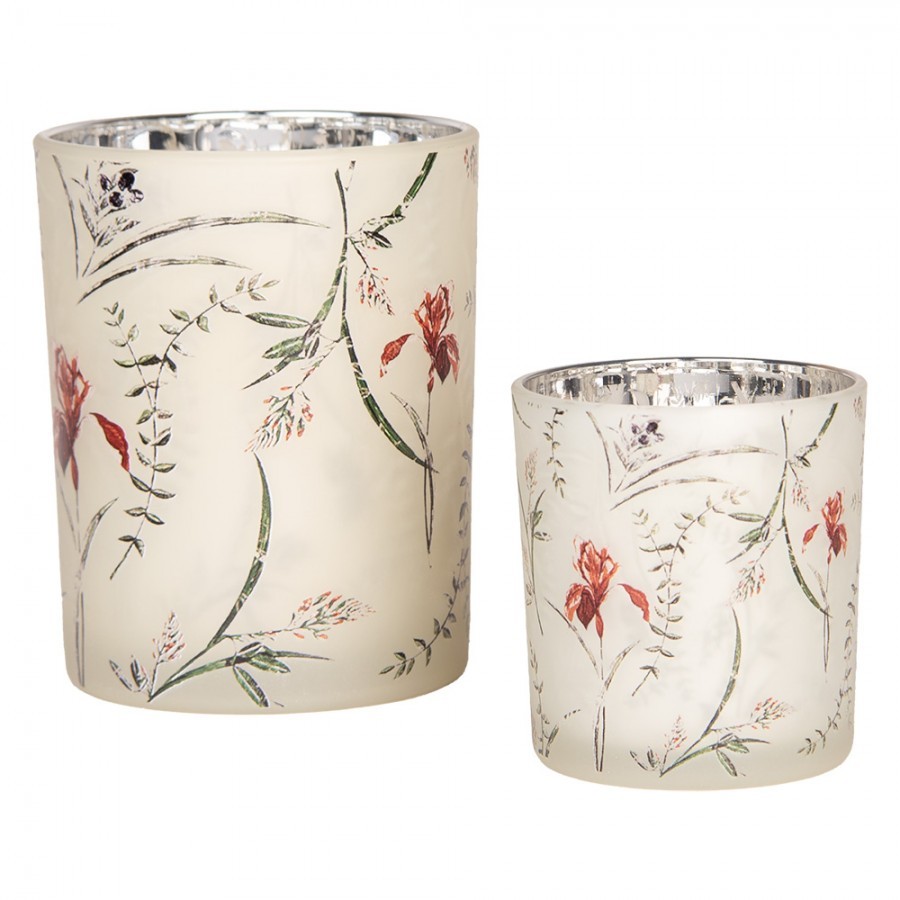 Tealight Holder Set Of 2 ? 7x8 / 10x13 Cm Beige Glass Flowers - ? 7*8 / 10*13 cm