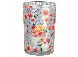 Tealight Holder ? 12x18 Cm Grey Glass Flowers - ? 12*18 cm
