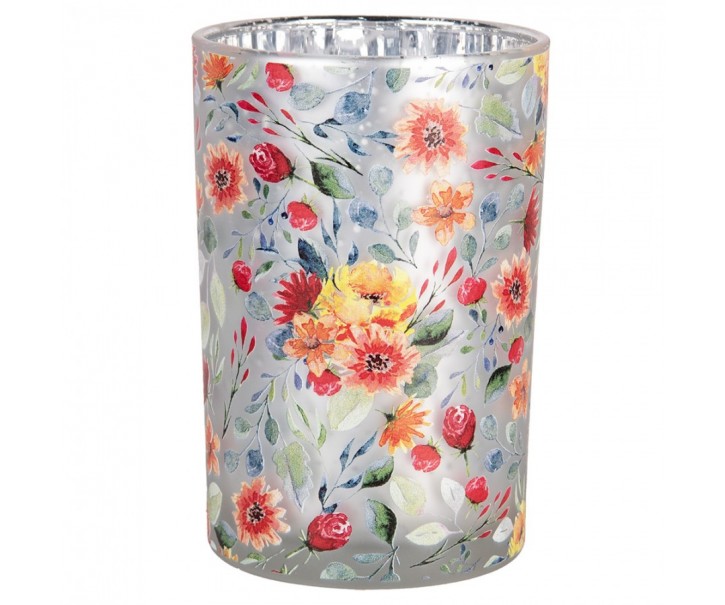 Tealight Holder ? 12x18 Cm Grey Glass Flowers - ? 12*18 cm Clayre & Eef