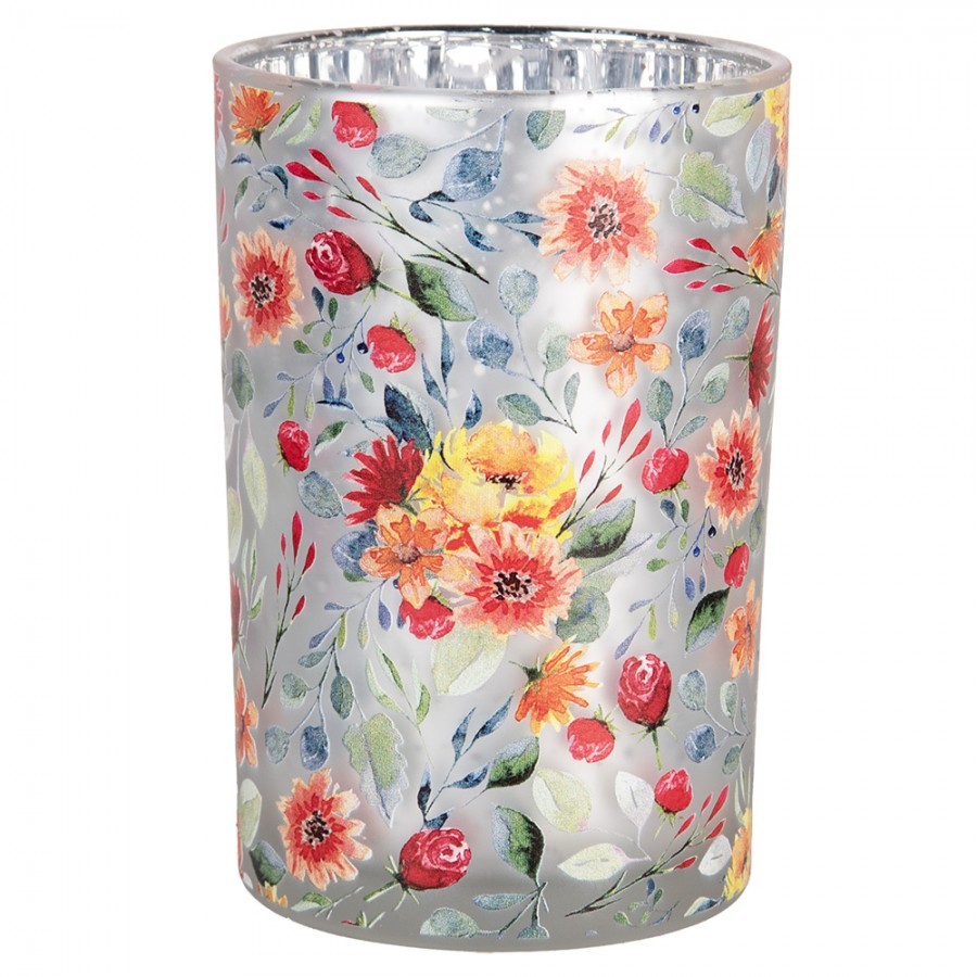 Tealight Holder ? 12x18 Cm Grey Glass Flowers - ? 12*18 cm