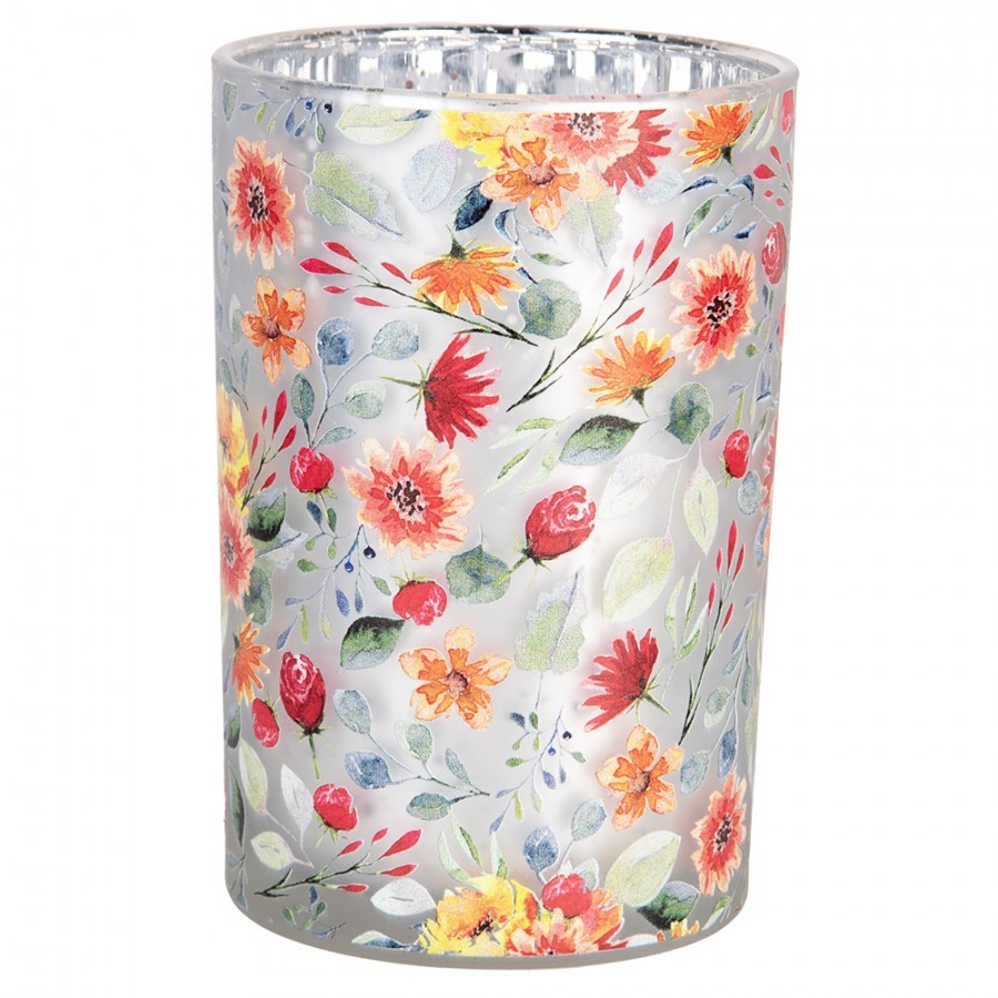 Tealight Holder ? 12x18 Cm Grey Glass Flowers - ? 12*18 cm