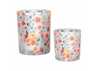 Tealight Holder Set Of 2 ? 7x8 / 10x13 Cm Grey Glass Flowers - ? 7*8 / 10*13 cm