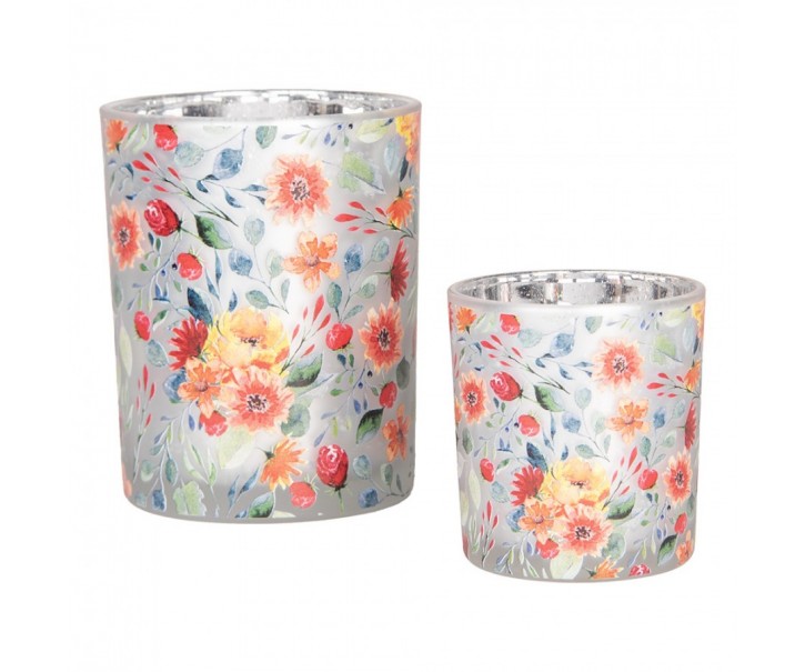 Tealight Holder Set Of 2 ? 7x8 / 10x13 Cm Grey Glass Flowers - ? 7*8 / 10*13 cm Clayre & Eef