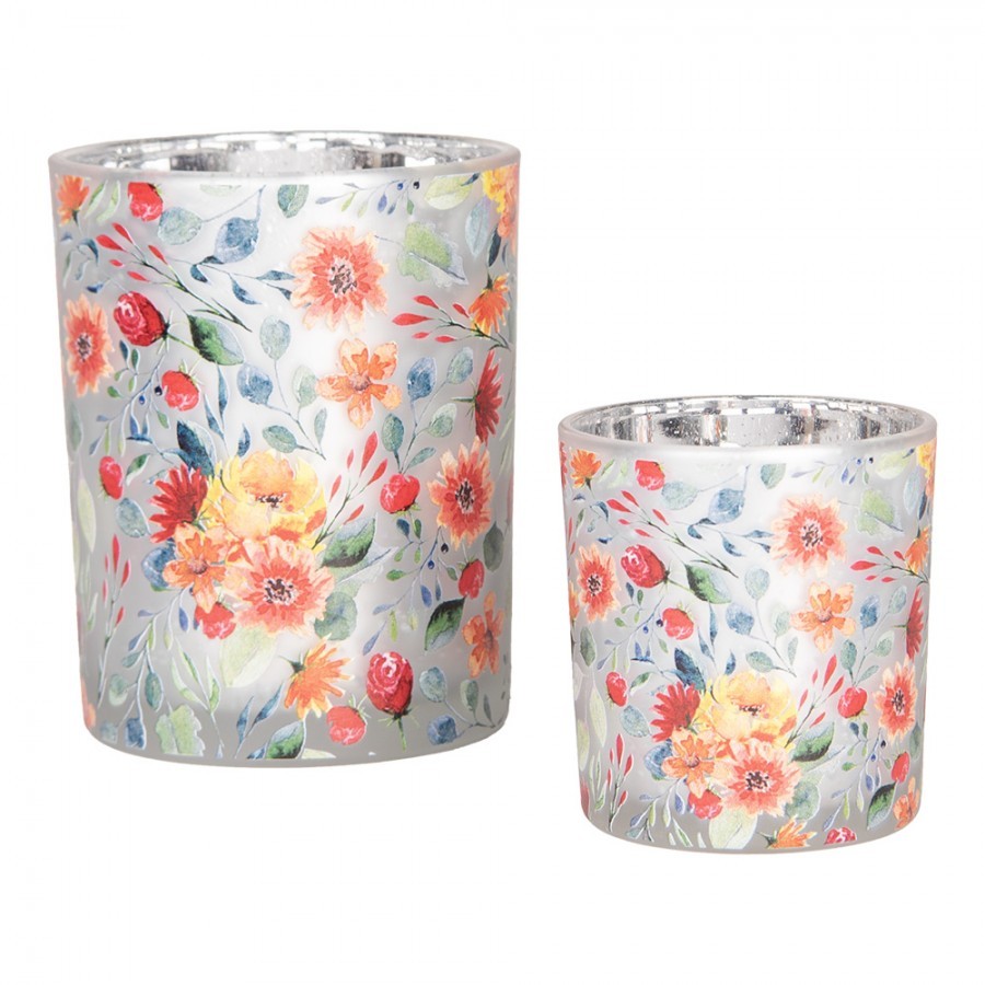 Tealight Holder Set Of 2 ? 7x8 / 10x13 Cm Grey Glass Flowers - ? 7*8 / 10*13 cm