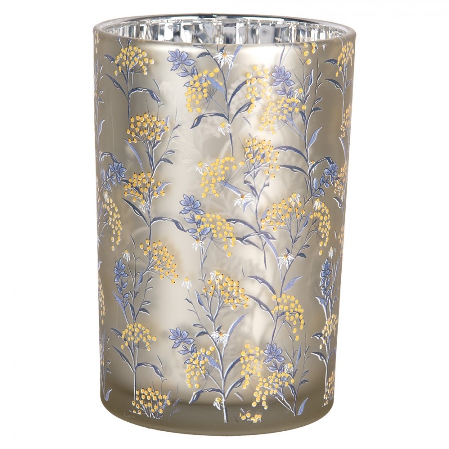 Tealight Holder ? 12x18 Cm Grey Glass Flowers - ? 12*18 cm
