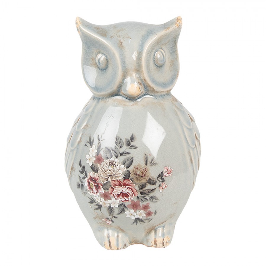 Zelená keramická dekorace sova s květy Floria L - 13*12*22 cm